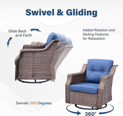 Outdoor Patio Furniture Set-6 Piece High Back Outdoor Furniture Set Sectional Sofa with Wicker Swivel Rocker Patio Chairs,Thick Cushions Ottomans for Porch Balcony Patio Deck Brown/Blue