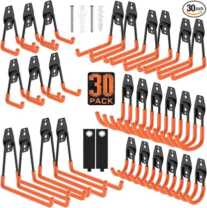 Garage Hooks with Anti-Slip Coating,Heavy Duty Wall Mount Storage Hooks for Hanging Bike,Hose,Ladder,Yard,Garden Tools (30 Pack Orange)