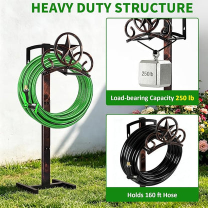 Garden Hose Holder Stand, Decorative Vintage Rustic Hose Rack with Star Design, Heavy Duty 41" Tall Metal Hose Storage for Yard/Lawn/Farm, Freestanding Hose Holder Holds up to 160Ft Hose