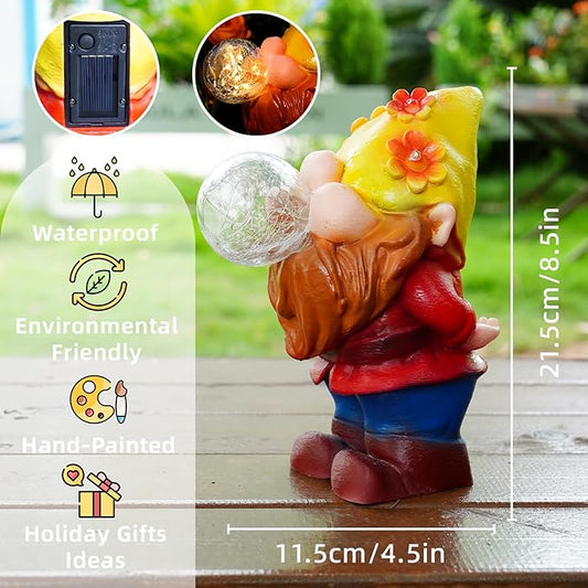 Solar Garden Statues Lights, 8.5" Christmas Outdoor Gnome Figurine with Auto On/Off for Yard Patio Decor, Gifts for Women, Grandma, Mom, Housewarming (Bubble Bliss Gnome)