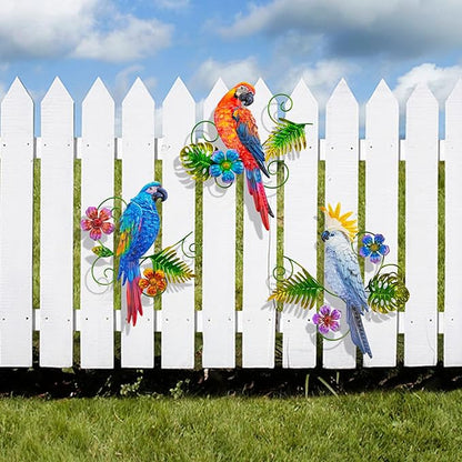 Metal Colorful Parrots Wall Art, 12 Inches Parrot Large Hanging Outside Decoration 3 Pack, Metal Bird Wall Christmas Decoration Gift, Decor Outdoor Decorations for Yard, Garden Ornaments Patio Outside Porch Christmas Decor