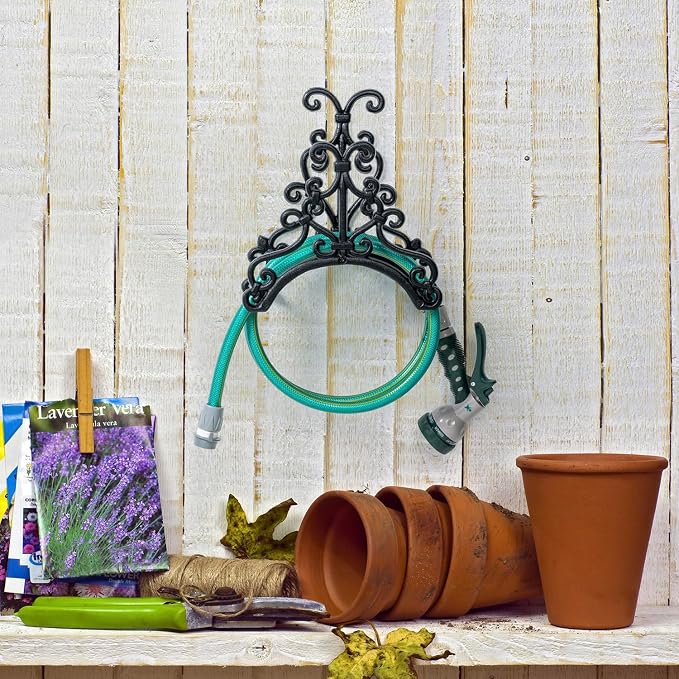 MyGift Brown Heavy Duty Cast Iron Outdoor Garden Hose Hanger Wall Mounted Water Hose Holder Reel with Vintage Scrollwork Design (Floral Pattern)