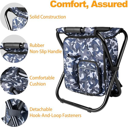 Kikerike Backpack Stool Cooler Chair Heavy Duty 300 LBS Max Load Portable Lightweight Stool Backpack Folding Fishing Cooler Seat for Camping Hunting Fishing - Arctic Camo
