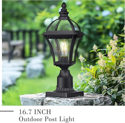 Emliviar Farmhouse Outdoor Post Lighting, Exterior Pole Lantern with Seeded Glass, 16.7" Post Lamp for Garden, Driveway & Pathway, XE266P-S BK