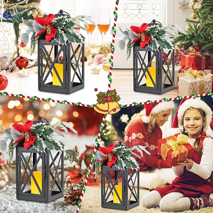 Taman Christmas Lantern,2 Pack Hanging Flickering Candle Lanterns Decorative Metal Vintage Light Battery Operated Umbrella Lights for Christmas Patio Garden, Table,Party Decor