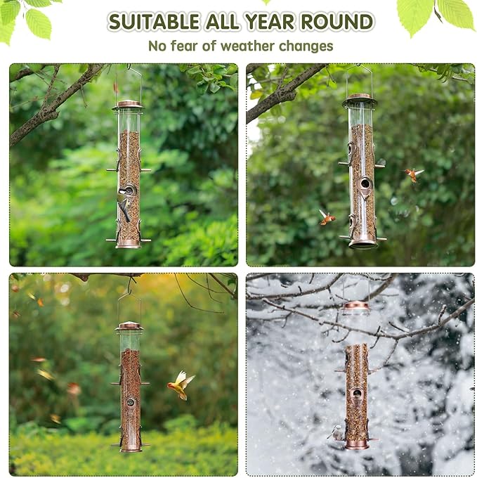 MIXXIDEA 1PK Metal Wild Bird Feeder,Squirrel Proof Bird Feeders for Outside,Hanging 6 Port Tube Bird Feeder,Finch Bird Feeder for Attracting Birds in Your Lawn, Garden, Balcony-Antique Copper