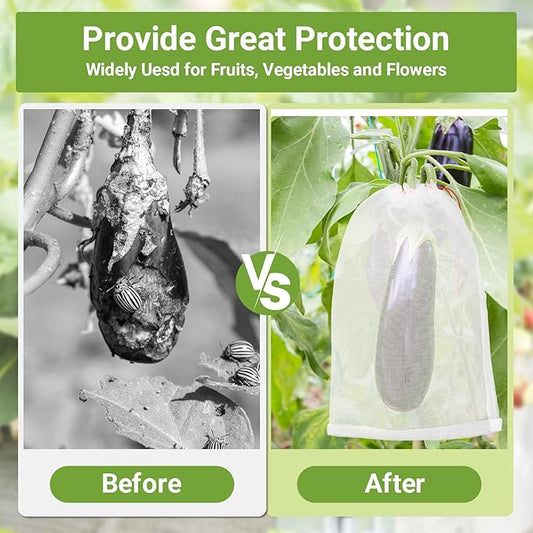 Fruit Protection Bags for Fruit Tree, 50pcs 8x12 in Grape Netting Bags with Drawstring, Reusable Cover Mesh Protect Plants Flowers Veggies from Insects Birds Flies