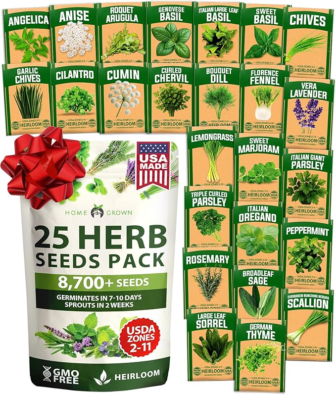 HOME GROWN 25 Herb Seeds for Planting 8,700+ Non-GMO Heirloom Seeds | Extra Large Variety Pack Herb Kit – Indoor Outdoor & Hydroponic | Culinary Seed Set | Grow Your Own Herbs | Gardening Gift