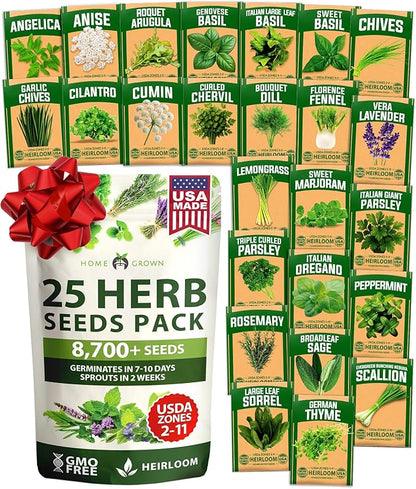 HOME GROWN 25 Herb Seeds for Planting 8,700+ Non-GMO Heirloom Seeds | Extra Large Variety Pack Herb Kit – Indoor Outdoor & Hydroponic | Culinary Seed Set | Grow Your Own Herbs | Gardening Gift