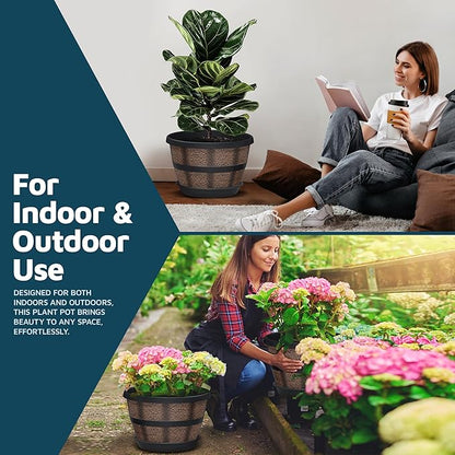 10-Inch Whiskey Barrel Planters Outdoor Pack of 25 - Durable Plastic Plant Pots for Indoor & Outdoor Use with Drainage & Saucer, Lightweight Rustic Barrel Planters for Flowers, Herbs & Small Plants