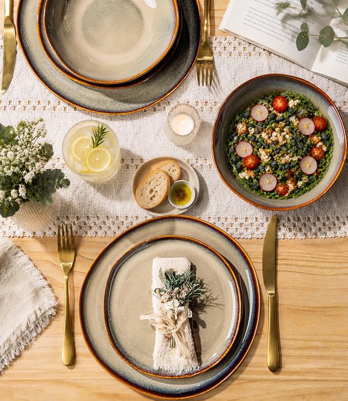 TheTerra Ceramic Dinnerware Sets for 4, 12 Pieces Porcelain Lightweight Plates and Bowls Sets, Scratch Resistant Dish Set, Oven & Microwave & Dishwasher Safe, Coca Mocha