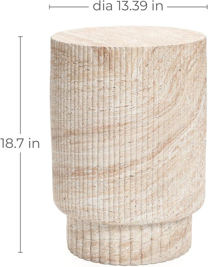 LuxenHome Outdoor Accent Side Table, 18'' Travertine-Style Outdoor Furniture, Round with Ribbed Cement End Table for Patio Backyard Balcony, Modern Coffee Furniture Gift