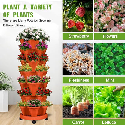 Vertical Strawberry Planter 7 Tier Stackable Tower Herb Planters Stacking Outdoor Garden Red Planters Pot with Tools Mover for Growing Flowers, Vegetables and Succulents