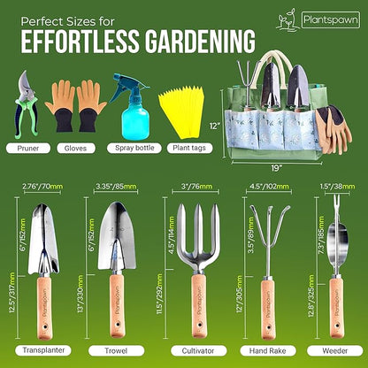 9 PCS Gardening Tools Set with Bag | Heavy-Duty Rust-Proof Hand Tools, with Wooden Handles 15 Plant Tags Included | Garden Tools, Gardening Essentials, Garden Supplies Gift for Men, Women & Gardeners