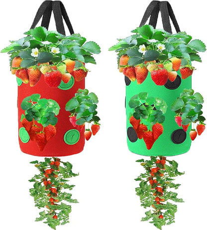 Miewslan 2 Packs Hanging Strawberry Planter, Upside Down Tomato Grow Bag Tomato Potato Strawberry Grow Bags Garden Plant Vegetable Planting Bag with Holes(Green+Red)