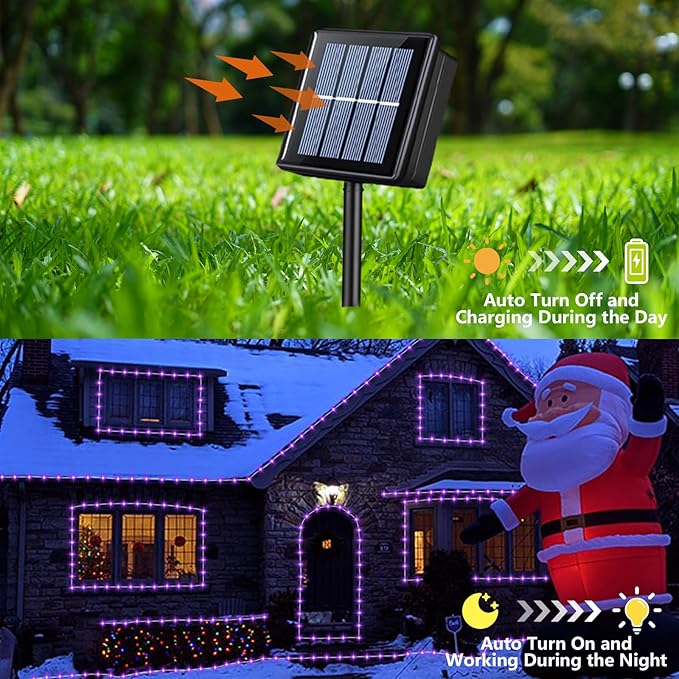 YEGUO Solar Christmas Lights Outdoor Waterproof, 2 Packs Each 33ft 100 LED Rope Lights, 8 Modes Fairy String Lights in Clear Thin Tube for Camping Fence Patio Garden Trampoline Deck(Purple)
