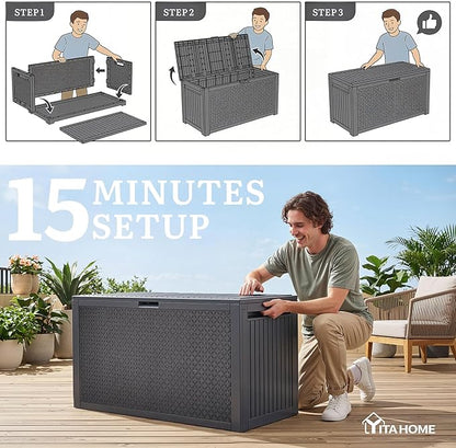 YITAHOME 95 Gallon Large Outdoor Deck Box, Lockable Waterproof Resin Storage Box with Handles, Weatherproof & UV Resistant, Patio Garden Tool Container for Outdoor Furniture, Dark Grey