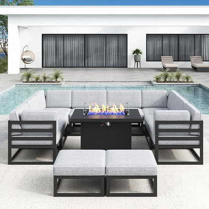 LayinSun Large Aluminum Patio Furniture Set with Fire Pit Table, 11 Pieces Modern Outdoor Conversation Set Sectional Metal Sofa Set with Olefin Cushion