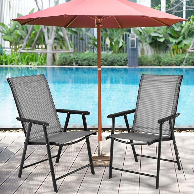 Tangkula Set of 2 Patio Folding Chairs, Outdoor Fabric Dining Chairs with High Back & Armrests, Sturdy Metal Frame for Patio Lawn Garden (Grey)