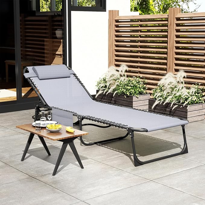 EBE Outdoor Lounge Chair, Portable Chaise Lounge Chair, Folding Sun Tanning Chairs with Detachable Pillow and Side Pocket, Reclining Chairs for Pool Beach Sunbathing, Grey