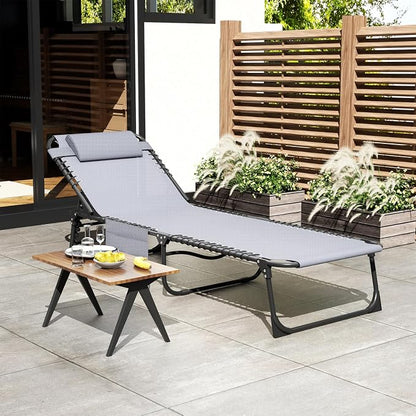 EBE Outdoor Lounge Chair, Portable Chaise Lounge Chair, Folding Sun Tanning Chairs with Detachable Pillow and Side Pocket, Reclining Chairs for Pool Beach Sunbathing, Grey