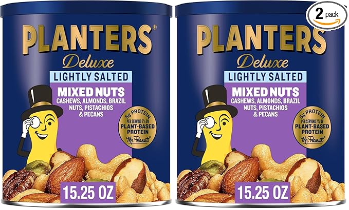 PLANTERS Deluxe Mixed Nuts, Cashews, Almonds, Brazil Nuts Mix, Pistachios, Pecans, Lightly Salted, Snacks for Adults and Kids, Party Snack, 15.25oz (Pack of 2)