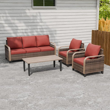 Modern Wicker Patio Furniture Set, Rattan Outdoor Conversation Set with Comfortable Cushions, 2 Patio Chairs, 3 Seat Couch and Coffee Table, 4 Pieces, Brown/Red