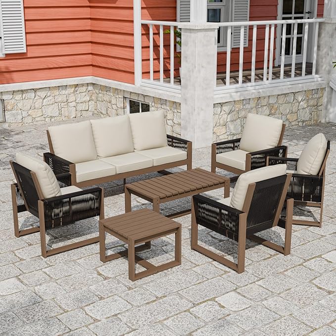 Rustic Hideaway Natural Cedar Wood Outdoor Furniture Set, Wicker Patio Conversation Set for Porch Garden Backyard, Couch, 4 Patio Chairs, Tables, 7 Piece, Brownish/Beige