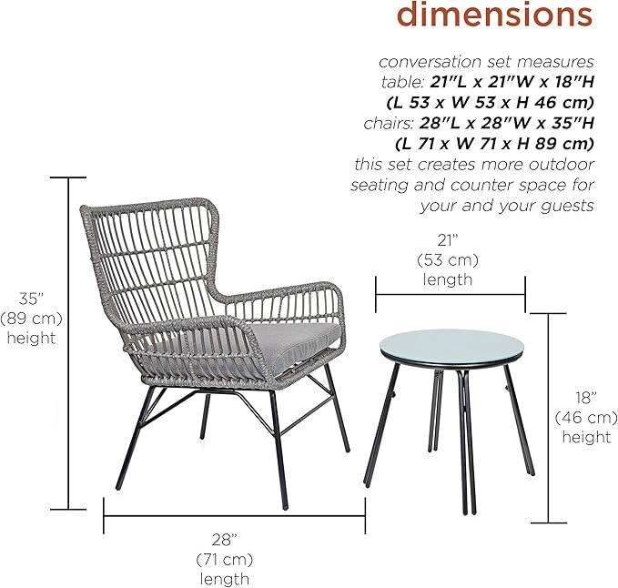 Alpine Corporation Patio Furniture 3 Pieces Outdoor Resin Wicker Conversation with Cushions Bistro Set for Patio & Deck, Gray