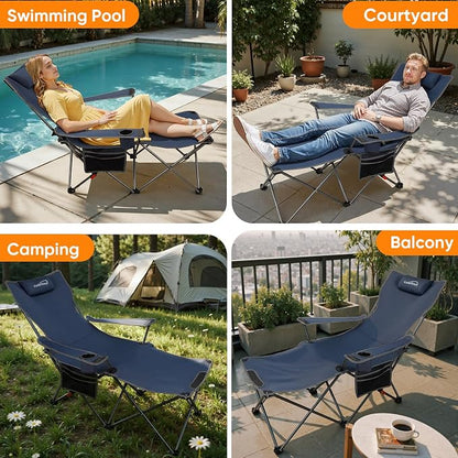 Colorsoul Reclining Camping Chair w/Foot Rest, Adjustable 90°- 135° Lounge Beach Chair for Adults, Heavy Duty Outdoor Folding Chairs w/Padded Pillow, Cup Holder, for Patio Beach, Supports 350lbs,Blue