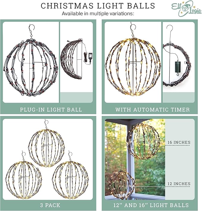 Elf Logic 16” Outdoor/Indoor LED Christmas Light Ball with Automatic Timer. Durable, Waterproof, Long-Lasting, Lightweight Bright Light Ball. Warm LED Lights for Holiday Decor, Patio, Wedding Decor