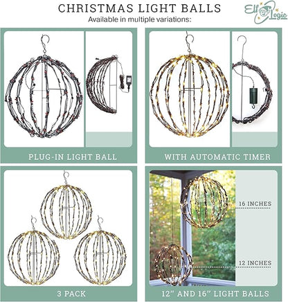 Elf Logic 16” Outdoor/Indoor LED Christmas Light Ball with Automatic Timer. Durable, Waterproof, Long-Lasting, Lightweight Bright Light Ball. Warm LED Lights for Holiday Decor, Patio, Wedding Decor