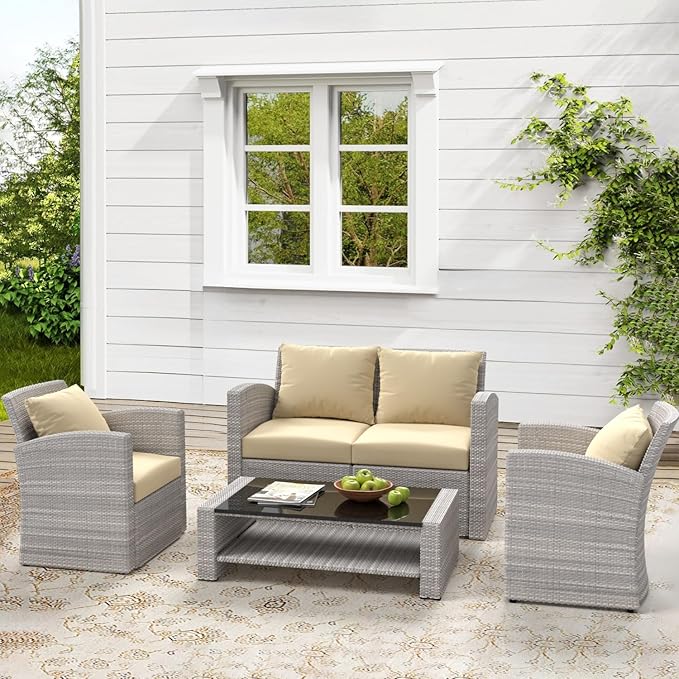 4 Piece Patio Furniture Set,Outside Rattan Sectional Sofa,Wicker Conversation Set with Cushion and Glass Coffee Table,Wicker Sofa Ideal for Garden,Porch,Beige