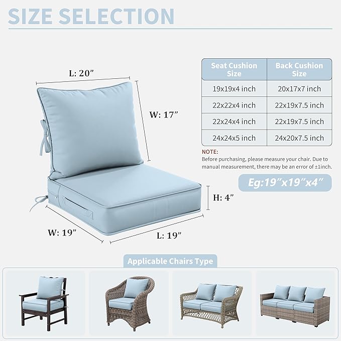 Premium Outdoor Seat Cushion Chair Cushions for Patio Furniture 19 L X 19 W X 4 H Waterproof & Fade Resistant Deep Seat and Backrest Cushion Set with Removable Covers for Chair, Sofa