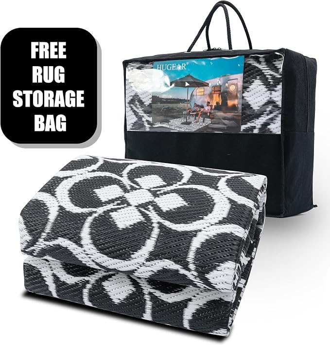 HUGEAR Outdoor Rug, Large Waterproof Outdoor Area Rug, Reversible Portable Outdoor Plastic Straw Carpet for RV Deck Camping Front Door Indoor Outside Porch Picnic (5x8ft Clover Black&White)