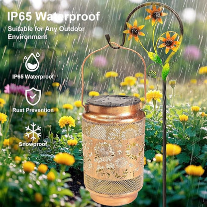 2 Pack Sunflower Solar Lanterns Outdoor Waterproof Solar Garden Decor, Birthday Gifts for Mothers Day Women Mom Grandma, Metal Hanging Lights with Shepherd Hook for Outside Yard Patio Pathway Backyard