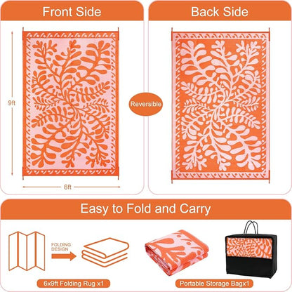 Anidaroel 6'x9' Outdoor Rug for Patio, Reversible Waterproof Patio Rug, Outdoor Plastic Straw Rug Outside Area Rug, RV Mat for Camping, Porch, Balcony, Pool Deck, Backyard (Orange, 6’x9')