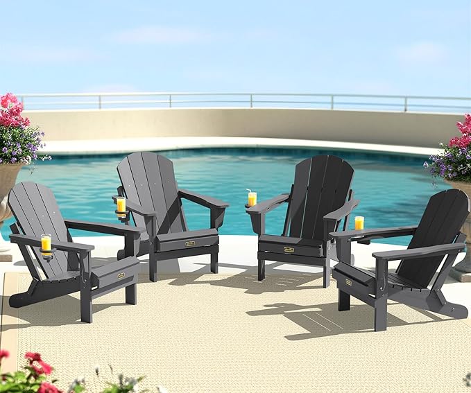 SERWALL Folding Adirondack Chair with Cup Holder for Outdoor, All-Weather Patio Chairs with Wood Texture, Fire Pit Chairs for Deck Porch Garden - Gray
