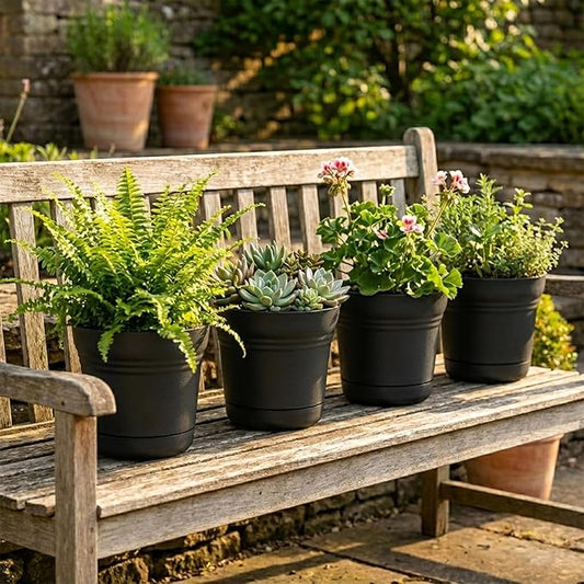 Bloem Saturn 5" Black Round Resin Planter Pot with Snap-in Saucer for Indoor and Outdoor Gardening, 4-Pack