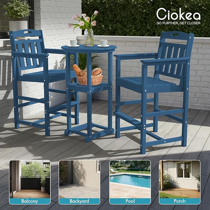 Ciokea Balcony Chairs and Table 3 Pieces Set, Outdoor High Top Bar Set, HDPE Oversized Adirondack Bar Chairs Set of 2 and Round Table for Outside Dining Bistro Poolside Backyard, Navy Blue