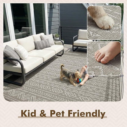 MontVoo-Outdoor Rug-Patio Rug 5x7 ft Polypropylene Indoor Outdoor Rugs Outdoor Carpet for Patio Deck Balcony Porch, Textured Weave, Durable for High Traffic, Fade-resistant, Boho Farmhouse Silver Grey