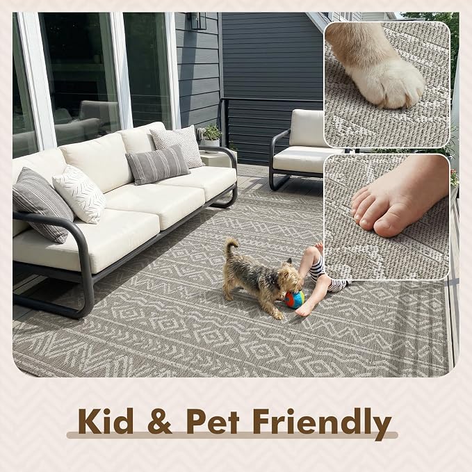 MontVoo-Outdoor Rug-Patio Rug 8x10 Polypropylene Indoor Outdoor Rugs Outdoor Carpet for Patio Deck Balcony Porch, Textured Weave, Durable for High Traffic, Fade-Resistant, Boho Farmhouse Silver Grey