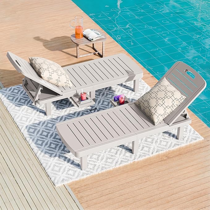 WACASA Outdoor Chaise Lounge Chairs, Oversized Lounge Chairs with 5-Level Adjustable Backrest & Cup Holder, Resin Waterproof Pool Lounge Chair for Patio, Beach, Yard, Gray