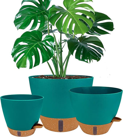 8/10/12 Inch Self Watering Pots for Indoor/Outdoor Plants - Large Plastic Planter with Drainage Holes, Water Level Indicator & Deep Reservoir, Modern Decorative Flower Pots (Turquoise)
