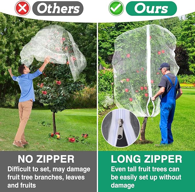 Easy Installation Fruit Tree Netting with Zipper & Drawstring - 6.2x6.2ft Ultra Fine Mesh Garden Protection Screen to Protect Pear Peach Apple from Bird Insect Bug Cicada Deer Squirrel - 2pcs