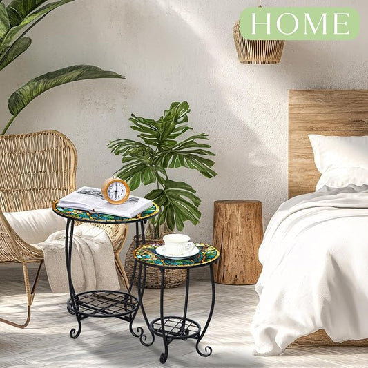 Cinnvoice 2 Pcs Outdoor Side Table Small Patio Round Mosaic Accent End Table Indoor Plant Metal Coffee Tea Tables for Patio Yard Porch Garden Living Room(10" and 14",Butterfly Style)