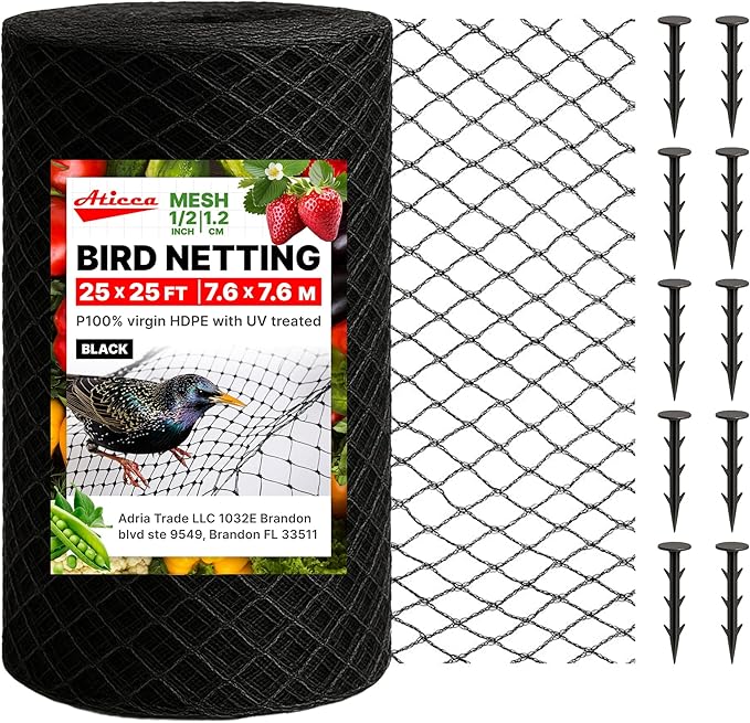 ATICCA Heavy Duty Bird Netting for Garden Protection & Fruit Trees, 25x25 Ft with 10 Stakes – Black Anti-Bird Net for Poultry, Deer, & Squirrel Protection, Durable Nylon Mesh for Garden and Yard Use