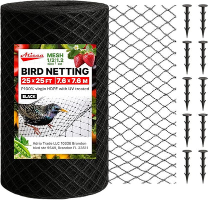 ATICCA Heavy Duty Bird Netting for Garden Protection & Fruit Trees, 25x25 Ft with 10 Stakes – Black Anti-Bird Net for Poultry, Deer, & Squirrel Protection, Durable Nylon Mesh for Garden and Yard Use