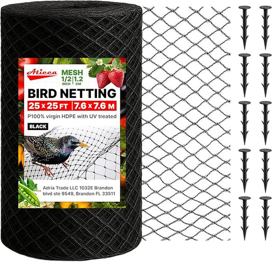 ATICCA Heavy Duty Bird Netting for Garden Protection & Fruit Trees, 25x25 Ft with 10 Stakes – Black Anti-Bird Net for Poultry, Deer, & Squirrel Protection, Durable Nylon Mesh for Garden and Yard Use