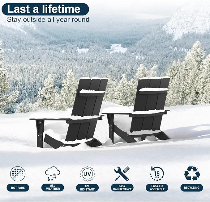 MXIMU Modern Adirondack Chairs Set of 8 Weather Resistant with Cup Holder Oversize Plastic Fire Pit Chairs Plastic Outdoor Chairs for Firepit Area Seating (Black)